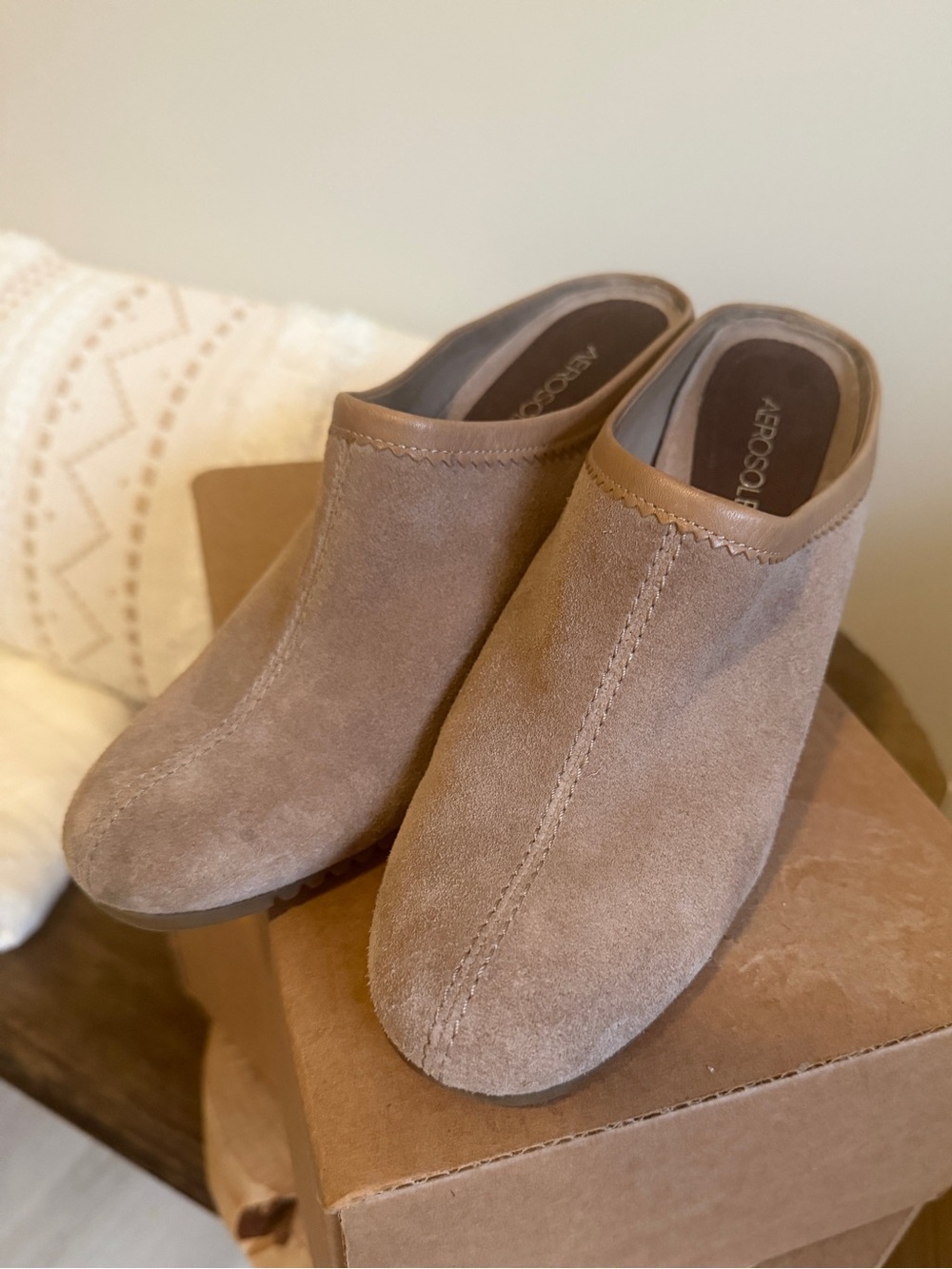 Aerosoles Tan Suede Peep-Toe Wedge Mules